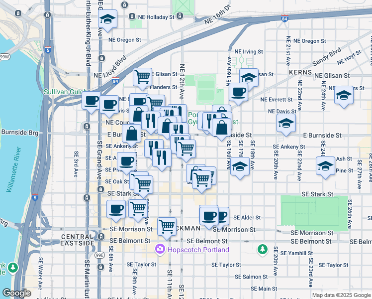 map of restaurants, bars, coffee shops, grocery stores, and more near 1206 Southeast Ankeny Street in Portland