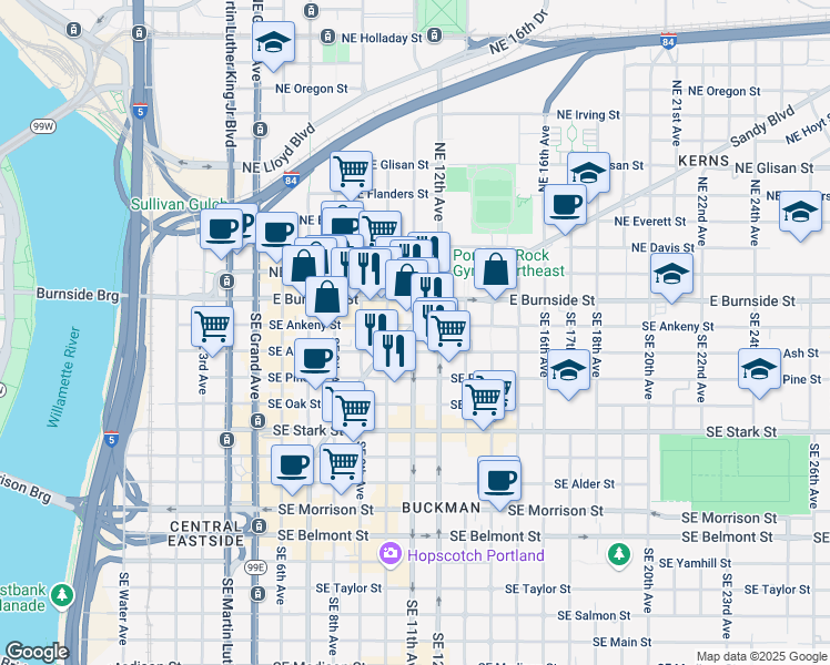 map of restaurants, bars, coffee shops, grocery stores, and more near 1025 Southeast Sandy Boulevard in Portland