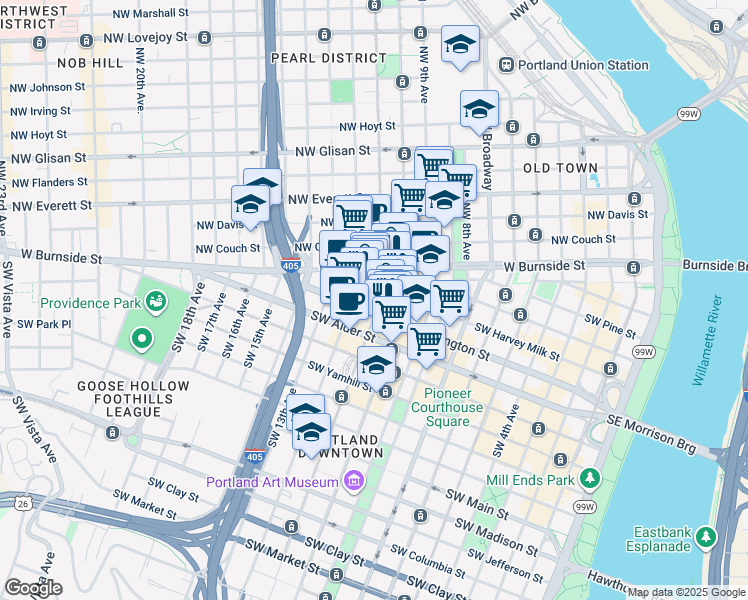 map of restaurants, bars, coffee shops, grocery stores, and more near 511 Southwest 10th Avenue in Portland