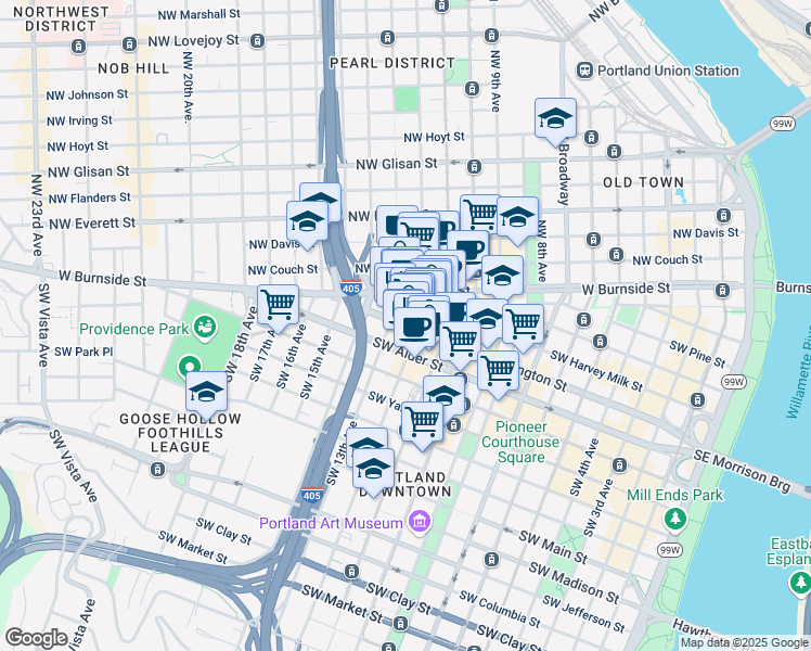 map of restaurants, bars, coffee shops, grocery stores, and more near 1205 Southwest Washington Street in Portland