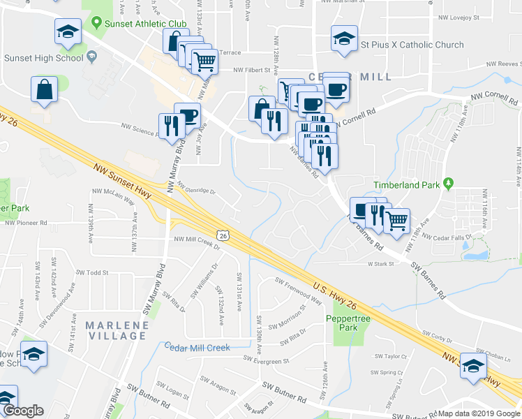 map of restaurants, bars, coffee shops, grocery stores, and more near 12612 Northwest Barnes Road in Portland