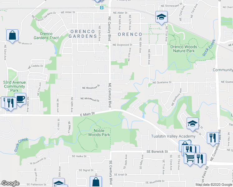 map of restaurants, bars, coffee shops, grocery stores, and more near 6502 Northeast Deer Run Street in Hillsboro
