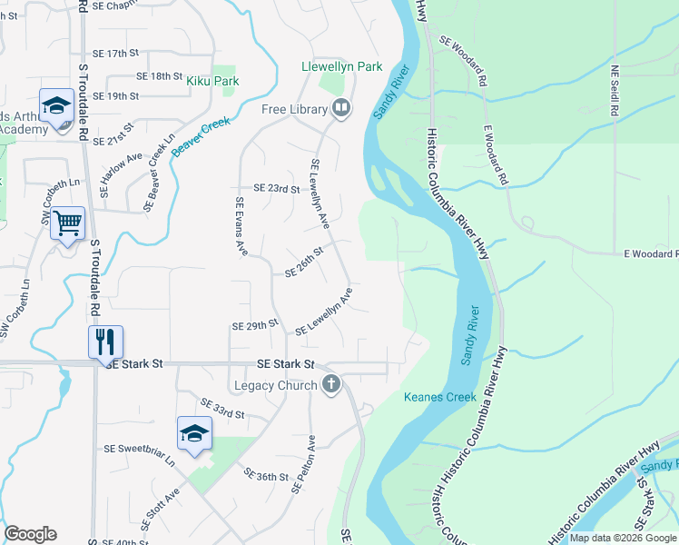 map of restaurants, bars, coffee shops, grocery stores, and more near 2645 Southeast Lewellyn Avenue in Troutdale