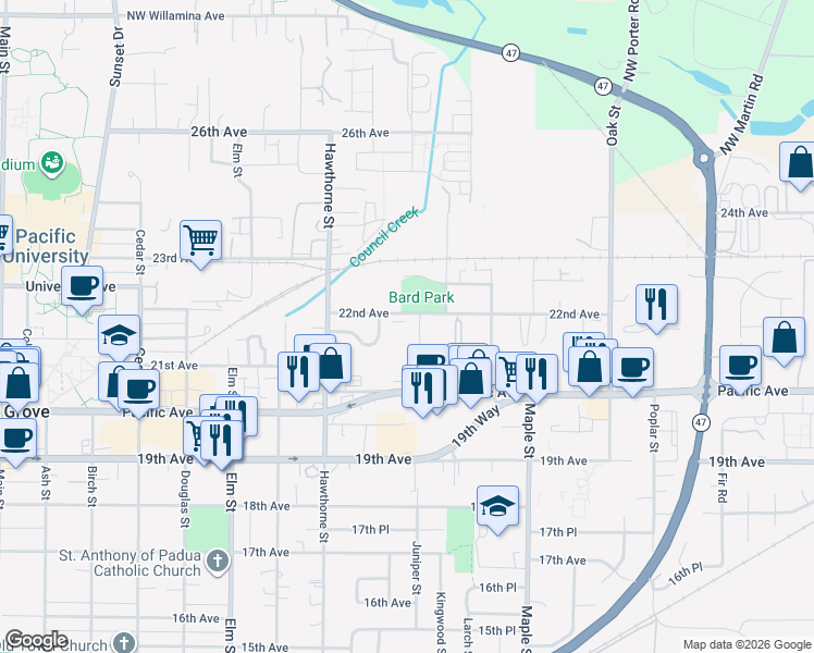 map of restaurants, bars, coffee shops, grocery stores, and more near 2830 22nd Avenue in Forest Grove