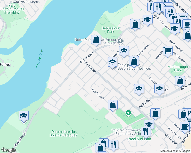 map of restaurants, bars, coffee shops, grocery stores, and more near 7730 Avenue Jean-Bourdon in Montréal