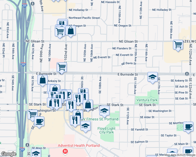 map of restaurants, bars, coffee shops, grocery stores, and more near 27 Southeast 108th Avenue in Portland