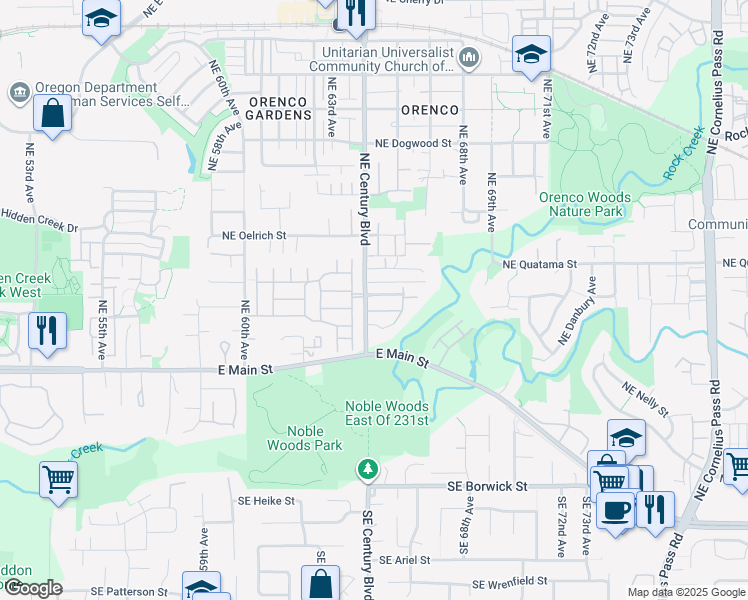 map of restaurants, bars, coffee shops, grocery stores, and more near 6502 Northeast Deer Run Street in Hillsboro