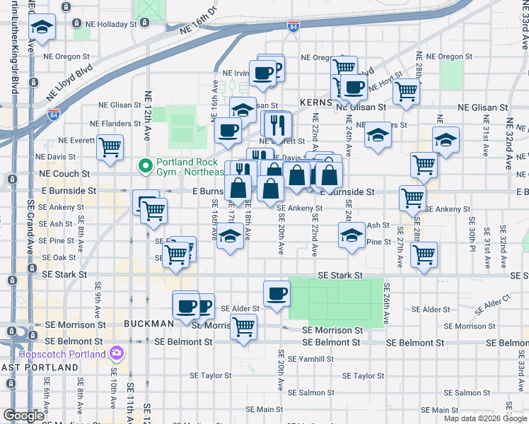 map of restaurants, bars, coffee shops, grocery stores, and more near 1926 Southeast Ankeny Street in Portland