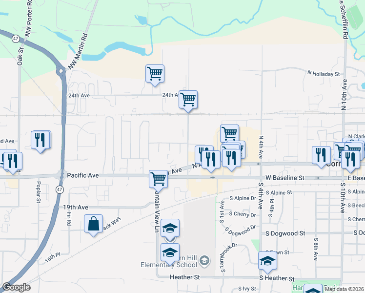 map of restaurants, bars, coffee shops, grocery stores, and more near 223 7th Street in Forest Grove