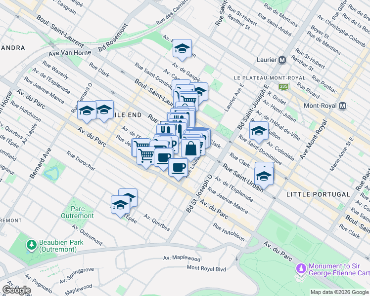 map of restaurants, bars, coffee shops, grocery stores, and more near 127 Avenue Clermont in Montréal
