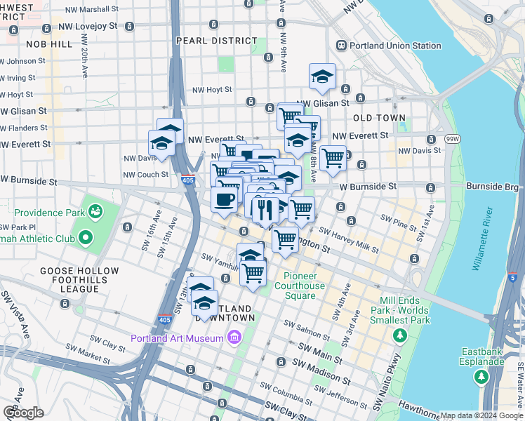 map of restaurants, bars, coffee shops, grocery stores, and more near 1022 Southwest Stark Street in Portland
