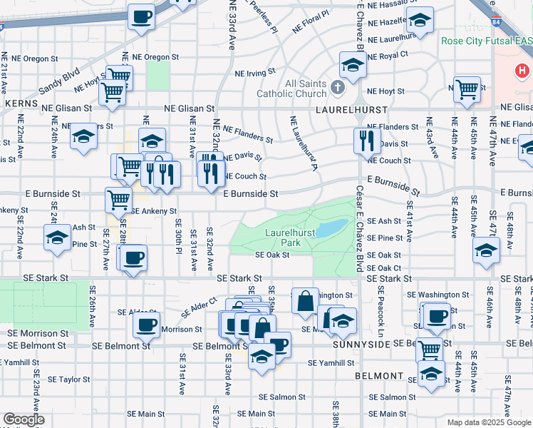 map of restaurants, bars, coffee shops, grocery stores, and more near 3360 Southeast Ankeny Street in Portland