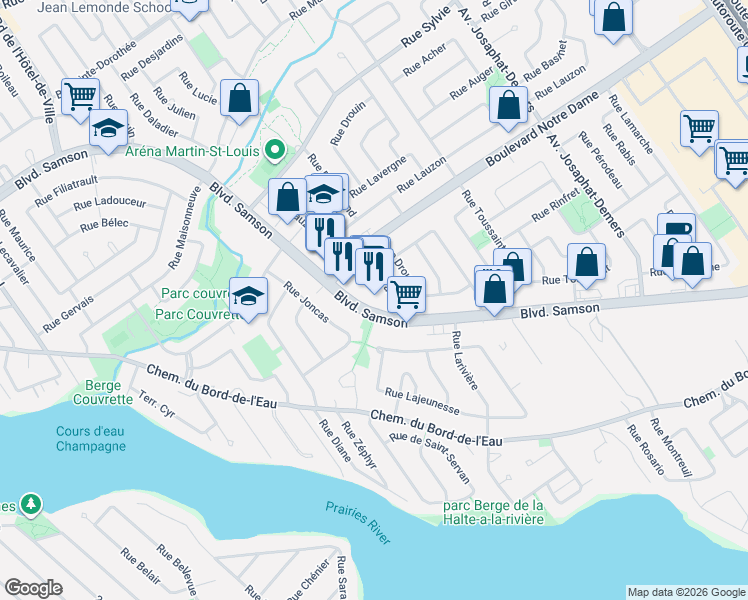 map of restaurants, bars, coffee shops, grocery stores, and more near 239 A Boulevard Samson in Laval