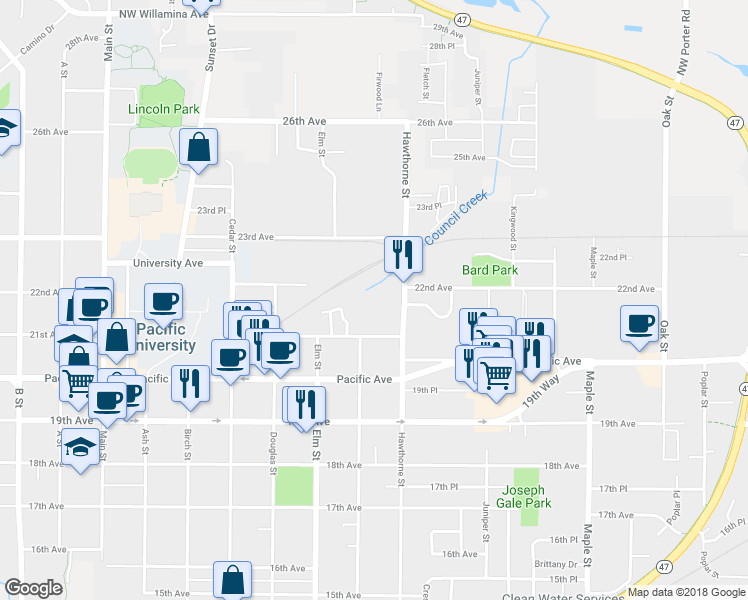 map of restaurants, bars, coffee shops, grocery stores, and more near 2144 Hawthorne Street in Forest Grove