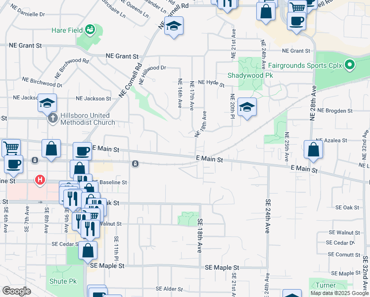 map of restaurants, bars, coffee shops, grocery stores, and more near 136 NE 16th Ct in Hillsboro