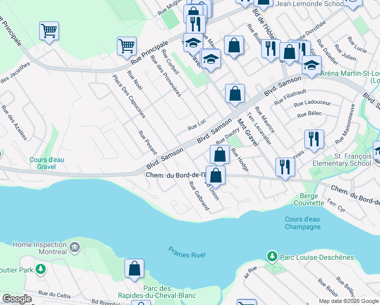 map of restaurants, bars, coffee shops, grocery stores, and more near 833 Rue Noël in Laval
