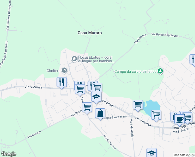 map of restaurants, bars, coffee shops, grocery stores, and more near 15 Via Canove in Camisano Vicentino