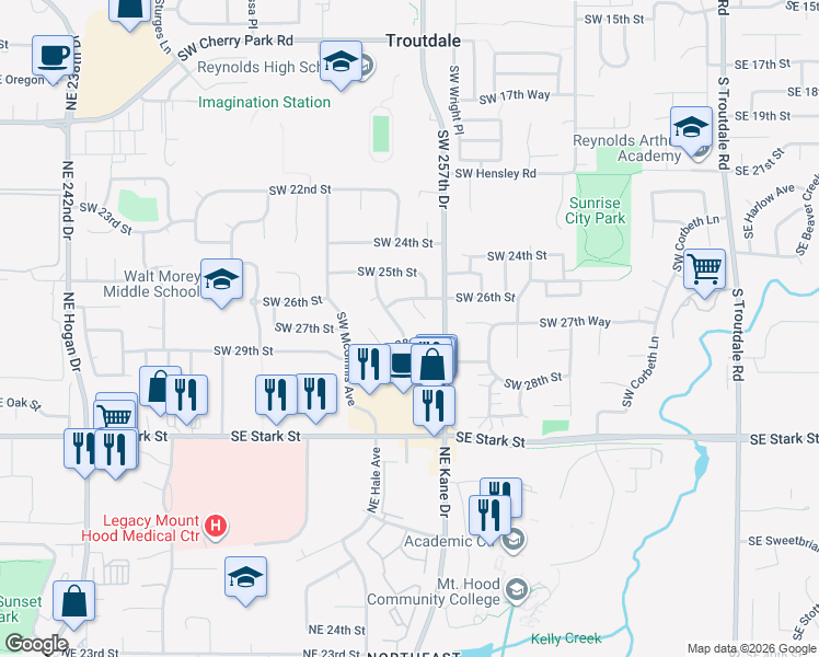 map of restaurants, bars, coffee shops, grocery stores, and more near 2722 Southwest Indian John Place in Troutdale