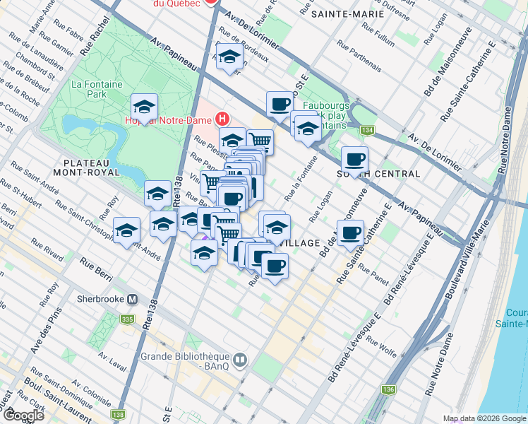 map of restaurants, bars, coffee shops, grocery stores, and more near 1830 Rue Panet in Montréal