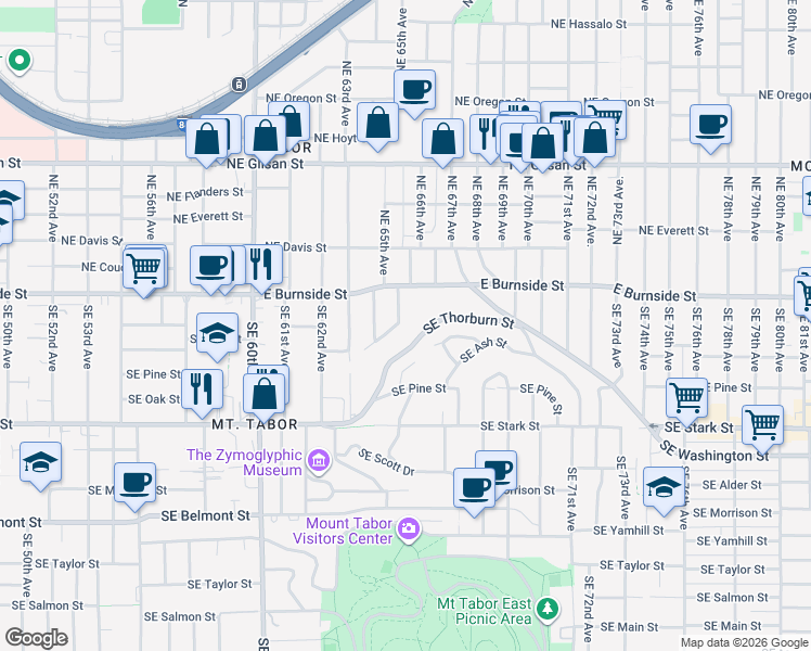 map of restaurants, bars, coffee shops, grocery stores, and more near 6556 Southeast Ash Street in Portland