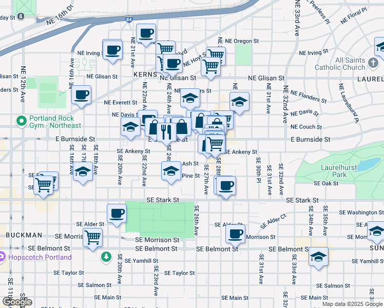 map of restaurants, bars, coffee shops, grocery stores, and more near 2580 Southeast Ankeny Street in Portland