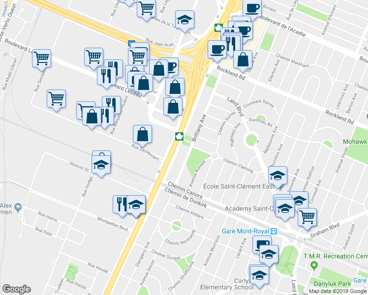 map of restaurants, bars, coffee shops, grocery stores, and more near 85 Avenue Brittany in Mont-Royal