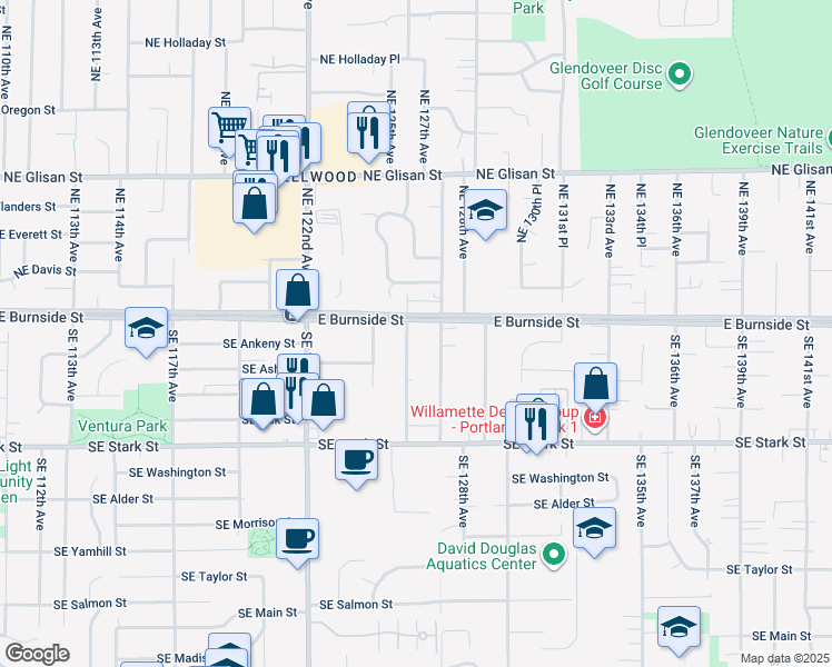 map of restaurants, bars, coffee shops, grocery stores, and more near 26 Southeast 126th Avenue in Portland