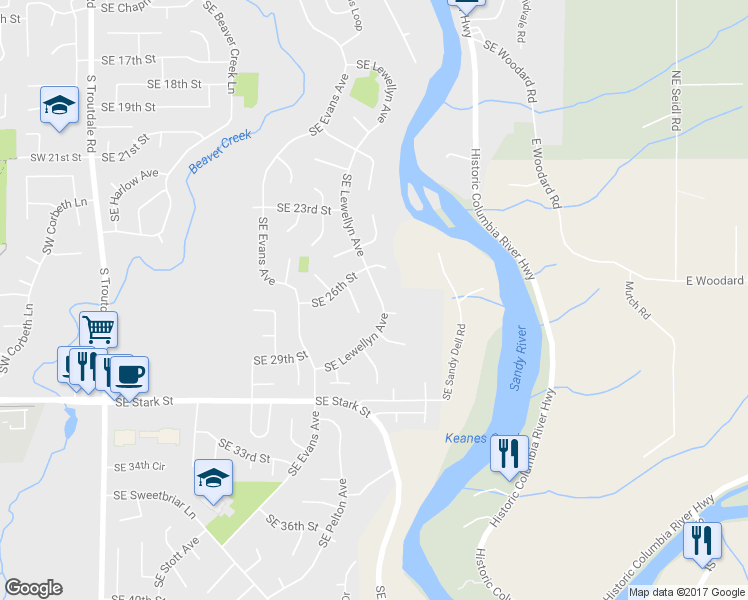 map of restaurants, bars, coffee shops, grocery stores, and more near 2645 Southeast Lewellyn Avenue in Troutdale