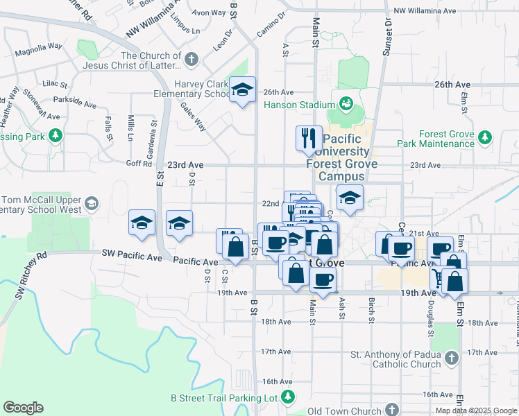 map of restaurants, bars, coffee shops, grocery stores, and more near 1806 22nd Ave in Forest Grove