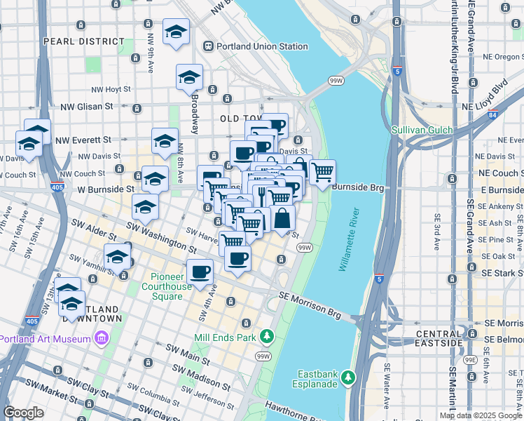 map of restaurants, bars, coffee shops, grocery stores, and more near 133 Southwest 3rd Avenue in Portland