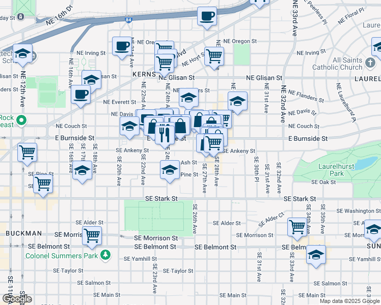 map of restaurants, bars, coffee shops, grocery stores, and more near 2580 Southeast Ankeny Street in Portland