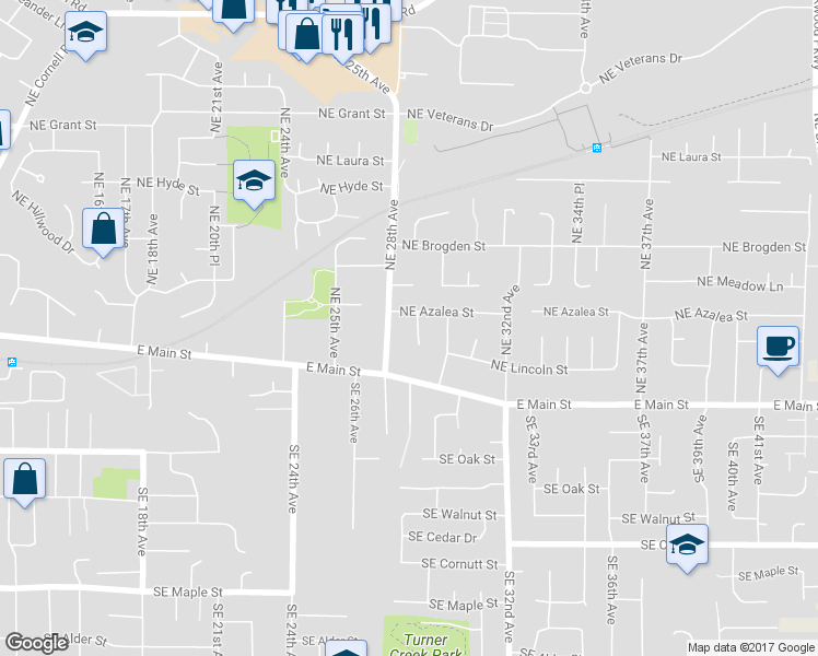 map of restaurants, bars, coffee shops, grocery stores, and more near 177 Northeast 29th Court in Hillsboro