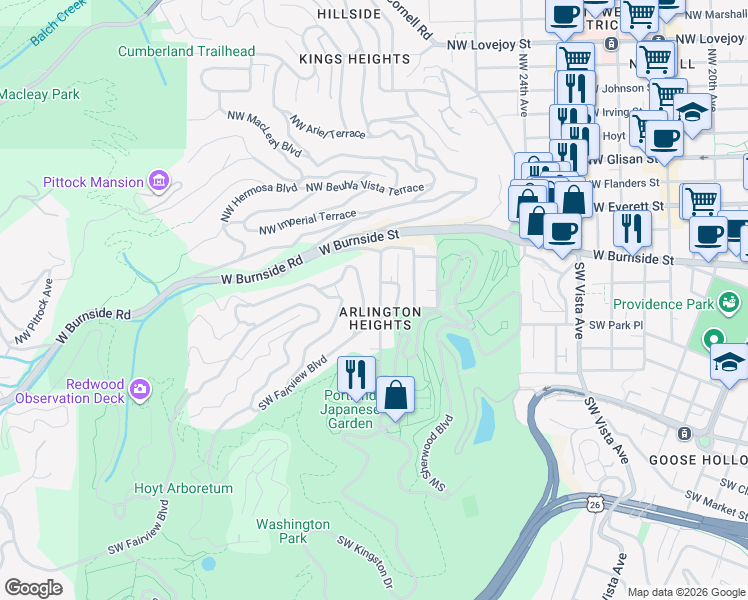 map of restaurants, bars, coffee shops, grocery stores, and more near 227 Southwest Kingston Avenue in Portland