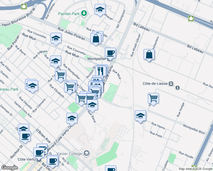 map of restaurants, bars, coffee shops, grocery stores, and more near 600 Boulevard Cote Vertu Ouest in Montreal