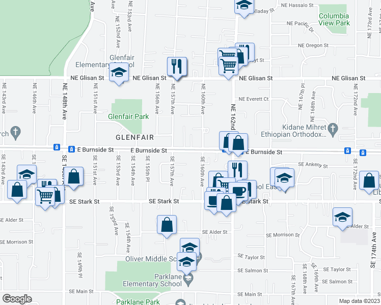 map of restaurants, bars, coffee shops, grocery stores, and more near 15900 East Burnside Street in Portland