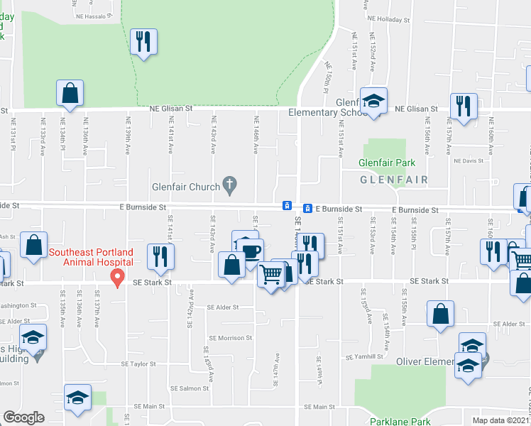map of restaurants, bars, coffee shops, grocery stores, and more near 14630 East Burnside Street in Portland