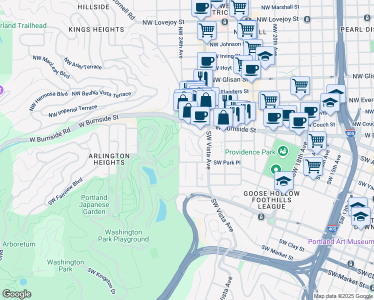 map of restaurants, bars, coffee shops, grocery stores, and more near 2365 Southwest Cedar Street in Portland