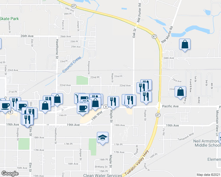 map of restaurants, bars, coffee shops, grocery stores, and more near 3124 22nd Avenue in Forest Grove