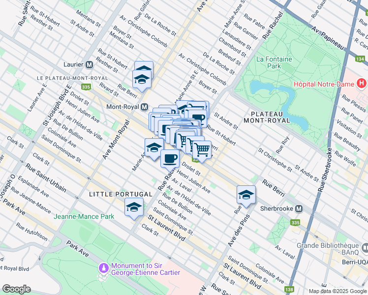 map of restaurants, bars, coffee shops, grocery stores, and more near 4203 Rue Saint-Denis in Montréal