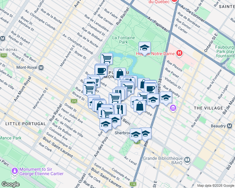 map of restaurants, bars, coffee shops, grocery stores, and more near 3850 Rue Saint-André in Montréal