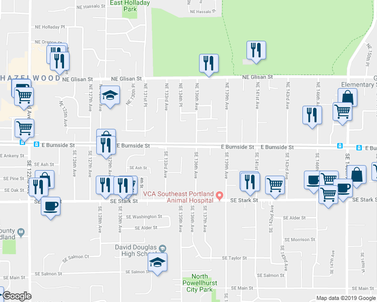 map of restaurants, bars, coffee shops, grocery stores, and more near 13504 East Burnside Street in Portland
