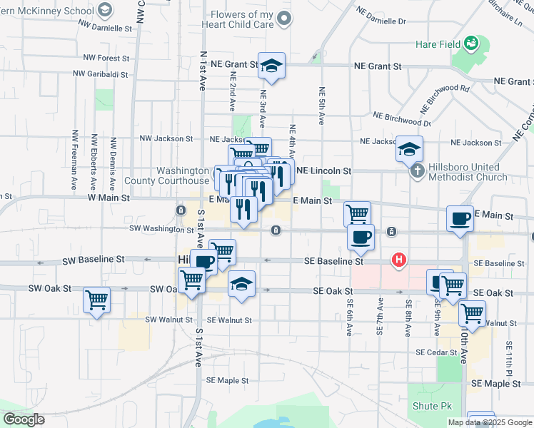 map of restaurants, bars, coffee shops, grocery stores, and more near 149 Southeast 3rd Avenue in Hillsboro