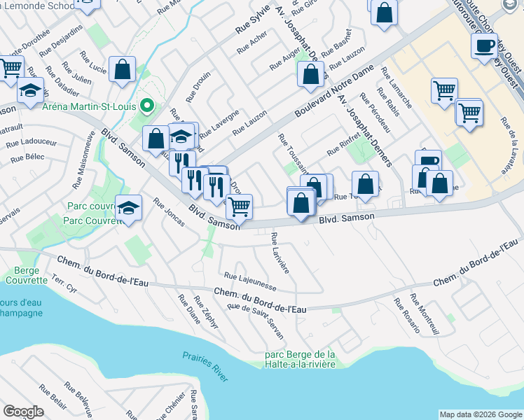 map of restaurants, bars, coffee shops, grocery stores, and more near 590 Rue Giraud in Laval