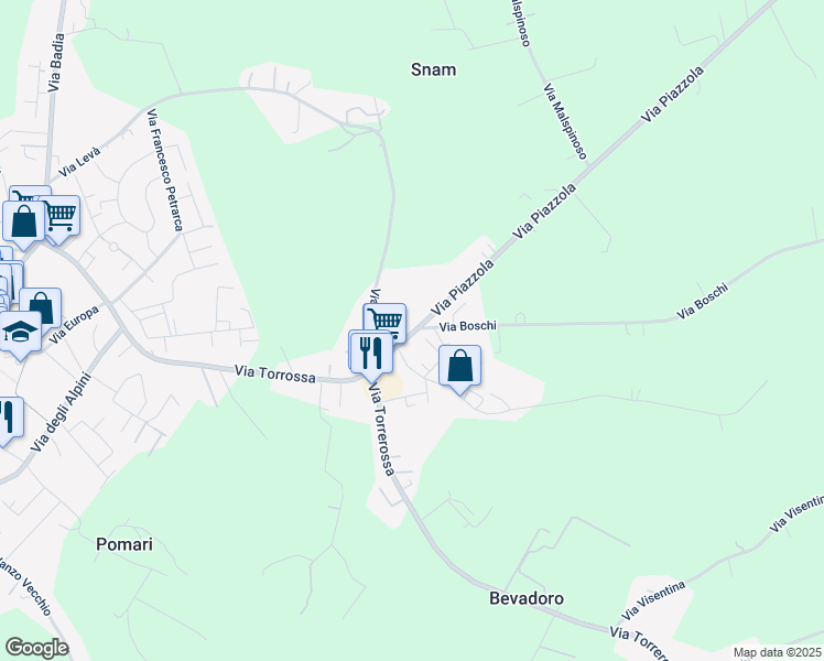 map of restaurants, bars, coffee shops, grocery stores, and more near 151 Via Torrossa in Camisano Vicentino
