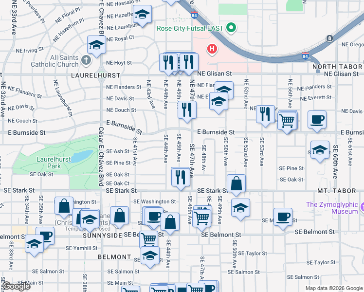 map of restaurants, bars, coffee shops, grocery stores, and more near 126 Southeast 45th Avenue in Portland