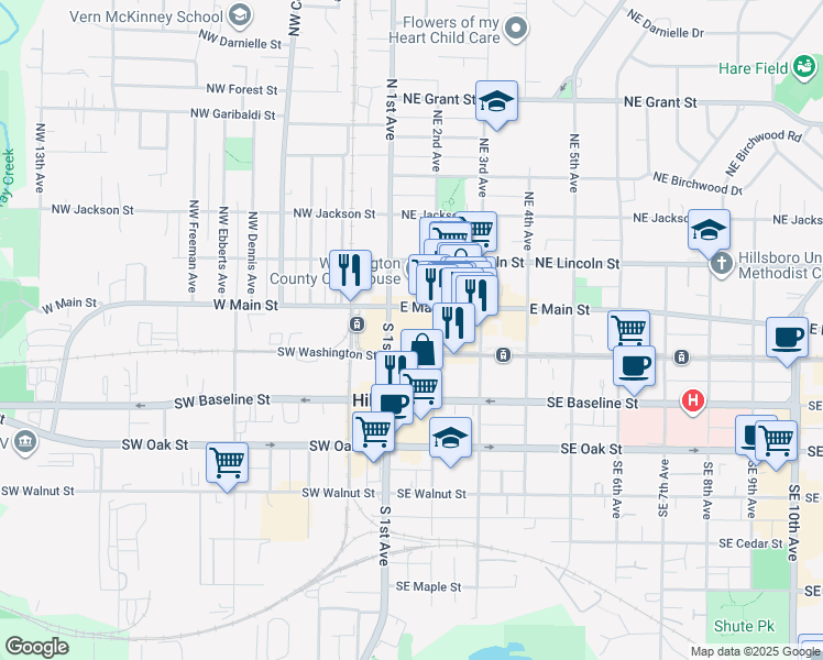 map of restaurants, bars, coffee shops, grocery stores, and more near 150 East Main Street in Hillsboro