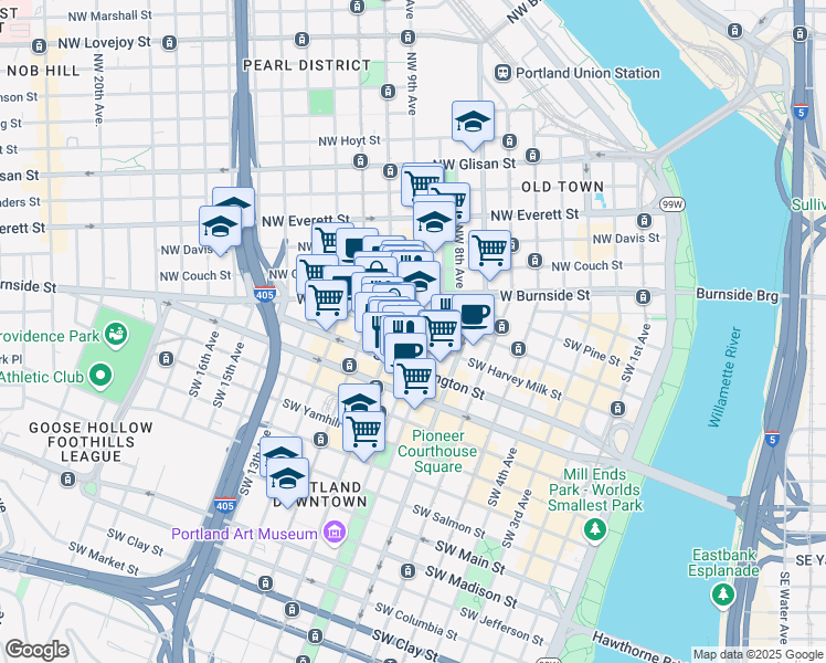 map of restaurants, bars, coffee shops, grocery stores, and more near 907 Southwest Stark Street in Portland