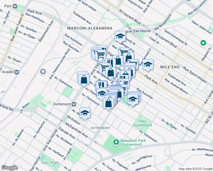 map of restaurants, bars, coffee shops, grocery stores, and more near 712 Avenue de l'Épée in Montréal