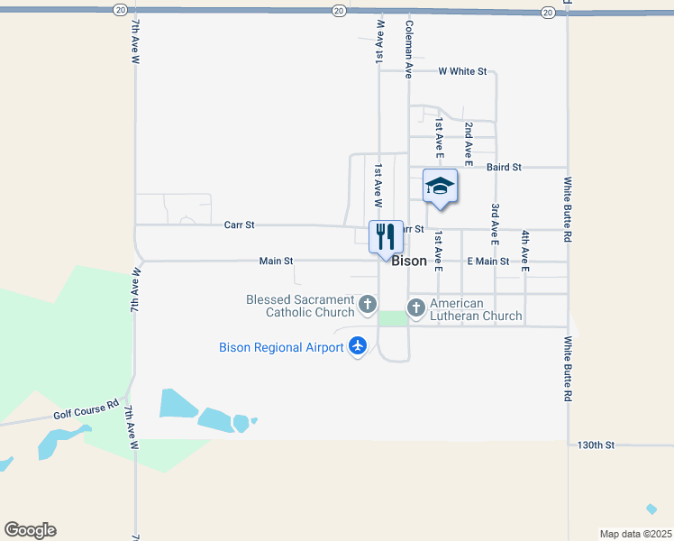 map of restaurants, bars, coffee shops, grocery stores, and more near 201-417 Main Street in Bison