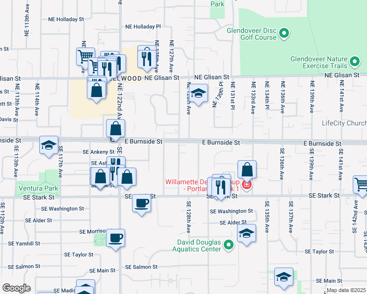 map of restaurants, bars, coffee shops, grocery stores, and more near 12702 East Burnside Street in Portland